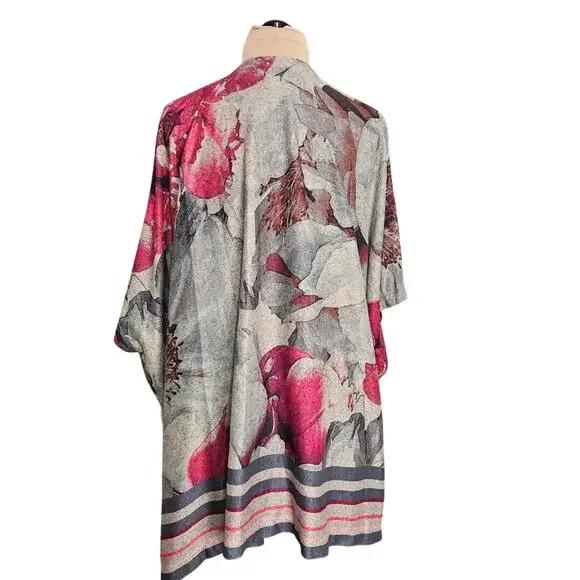 Chico's Floral Kimono Pink Gray Sweater Cardigan Bloomcore Outerwear XL Mature - Picture 2 of 11